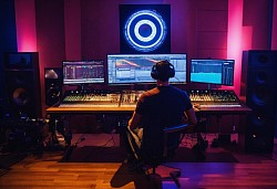 Here's a image of Photo a sound engineer at a computer - a person is sitting at a computer with 3 screens, with a huge remote control for mixing sounds. He's playing something on this remote. Next to the computer we see speakers, headphones. Realistic. A clear correct focus. Beautiful symmetrical face. Full frame. 3D,HD, real image, complex details, depth of field, Beautiful lighting, 8k.